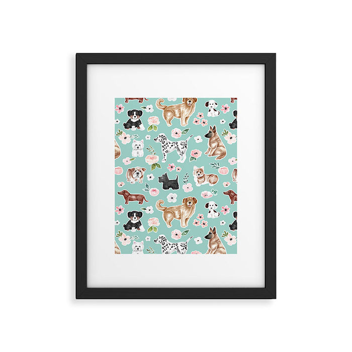 Cute Dogs on Aqua Blue, Dogs and Flowers, Pet Painting, Cute Animals, Golden Retriever, Dachshund, Corgi, Bulldog, Dalmation Framed Art Print Gallery Image 1