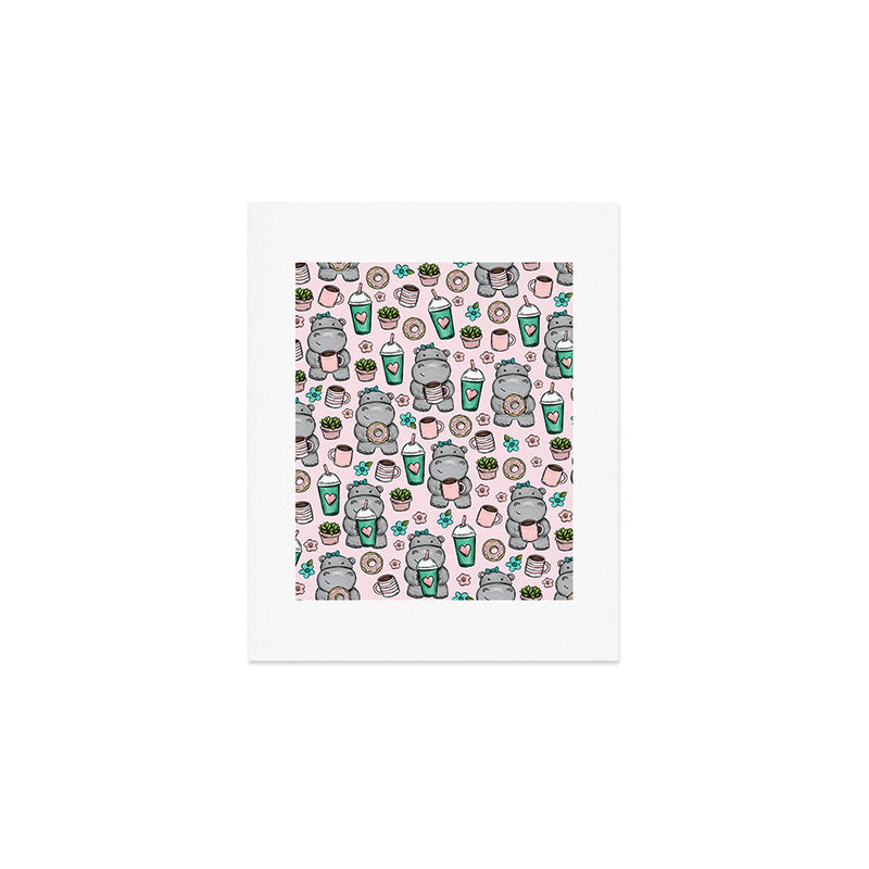 Cute Little Hippo, Hippopotamus, Donuts and Coffee, Pink Print For Girls, Little Girls, Tween Girls Art Print Gallery Image 1
