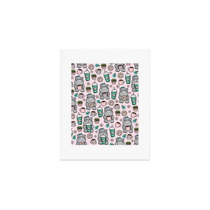Cute Little Hippo, Hippopotamus, Donuts and Coffee, Pink Print For Girls, Little Girls, Tween Girls Art Print Gallery Image 1