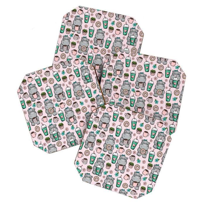 Cute Little Hippo, Hippopotamus, Donuts and Coffee, Pink Print For Girls, Little Girls, Tween Girls Coaster Gallery Image 1