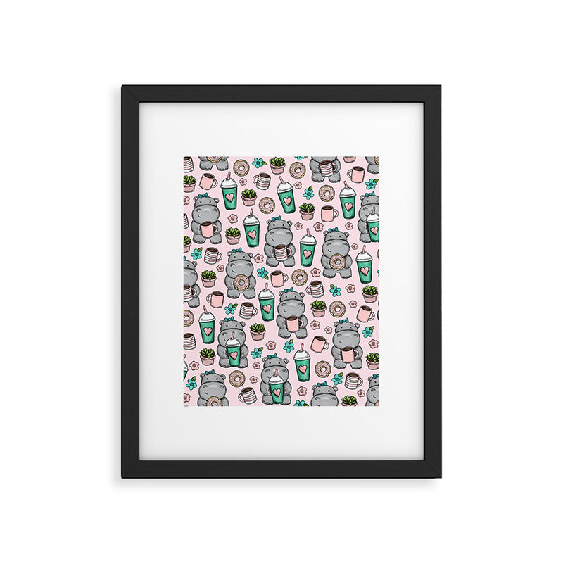 Cute Little Hippo, Hippopotamus, Donuts and Coffee, Pink Print For Girls, Little Girls, Tween Girls Framed Art Print Gallery Image 6