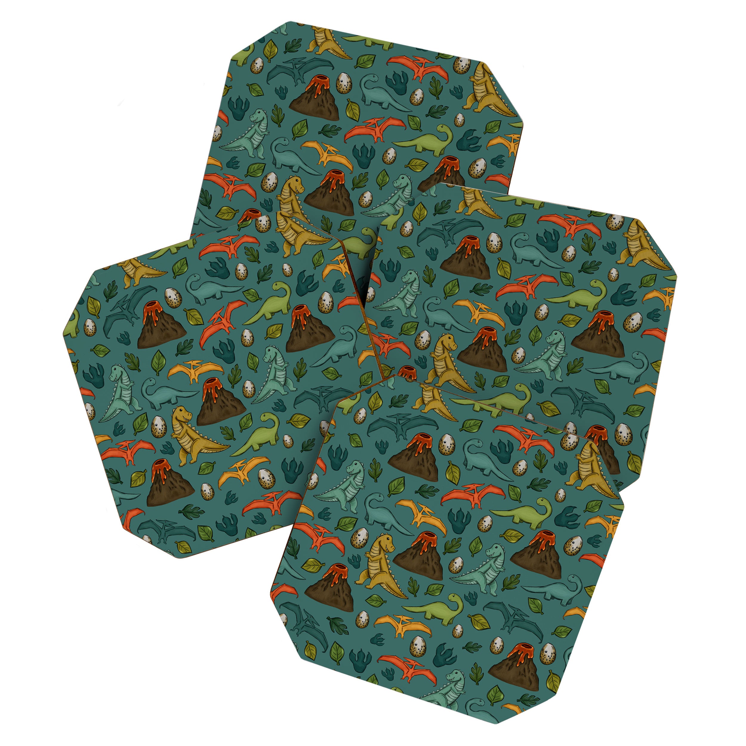 Dinosaurs, Jurassic Art, Volcanos and T-Rex, Dino Print, Dark Blue Coaster Gallery Image 1