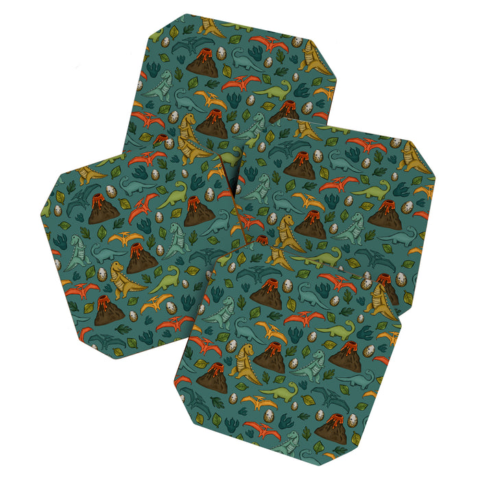 Dinosaurs, Jurassic Art, Volcanos and T-Rex, Dino Print, Dark Blue Coaster Gallery Image 1