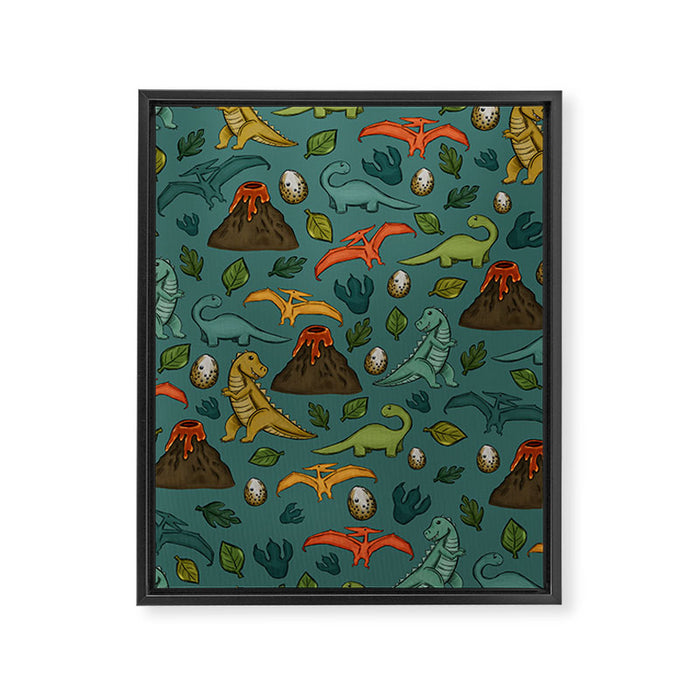 Dinosaurs, Jurassic Art, Volcanos and T-Rex, Dino Print, Dark Blue Framed Canvas Print Gallery Image 1