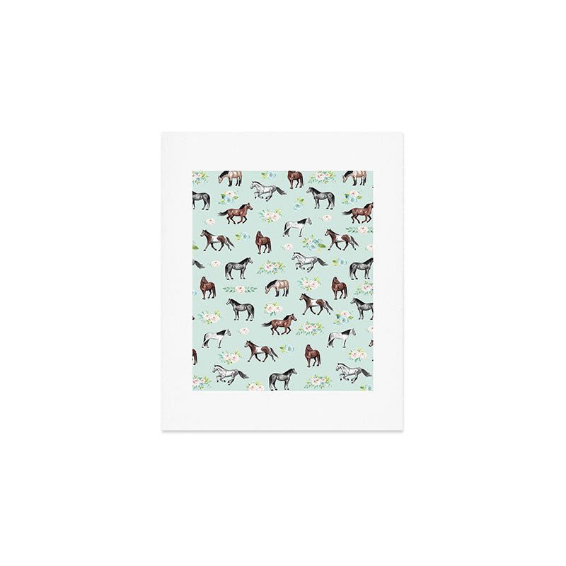 Floral Horse Pattern, Flowers and Horses, Hand Painted, Girl's Room, Romantic Blue Floral Art Print Gallery Image 1