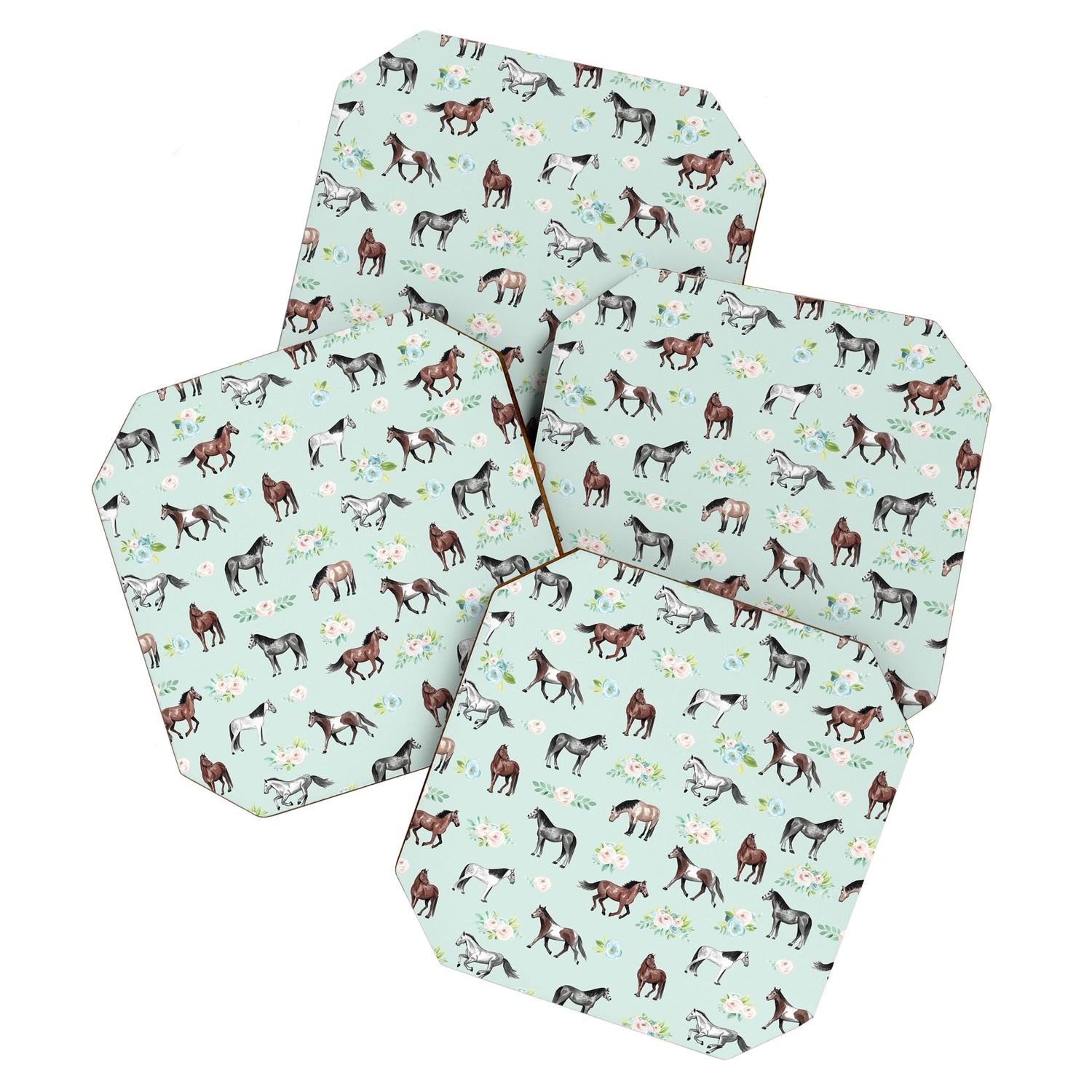 Floral Horse Pattern, Flowers and Horses, Hand Painted, Girl's Room, Romantic Blue Floral Coaster Gallery Image 1
