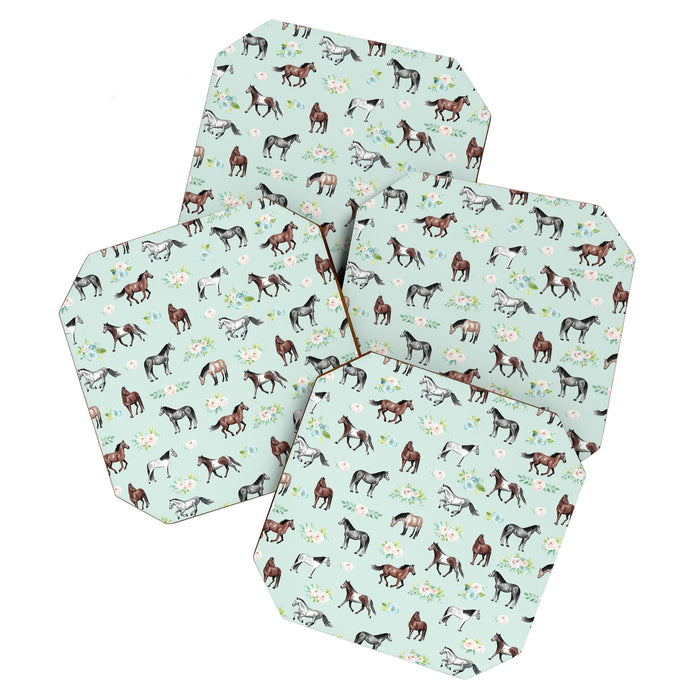 Floral Horse Pattern, Flowers and Horses, Hand Painted, Girl's Room, Romantic Blue Floral Coaster Gallery Image 1