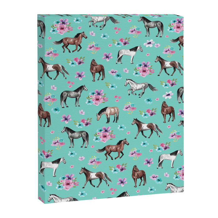Hand drawn horses, Flower horses, Floral Pattern, Aqua Blue Canvas Print Gallery Image 1