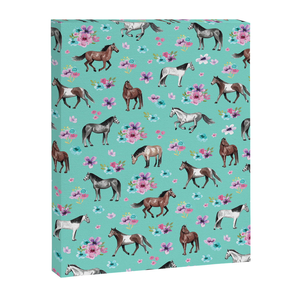 Hand drawn horses, Flower horses, Floral Pattern, Aqua Blue Canvas Print Gallery Image 8