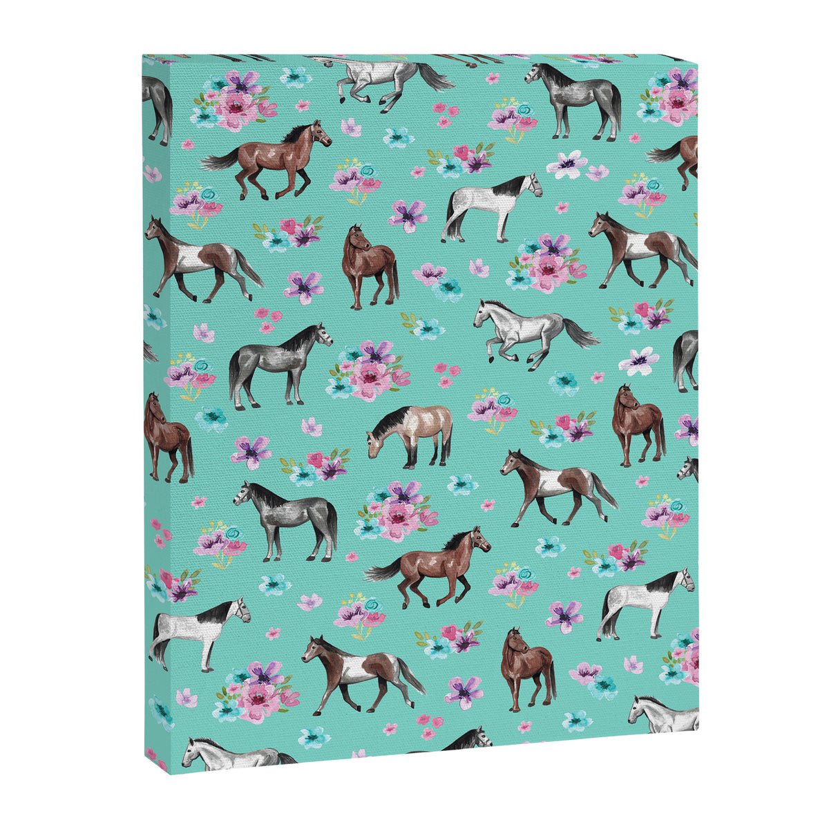 Hand drawn horses, Flower horses, Floral Pattern, Aqua Blue Canvas Print Gallery Image 8