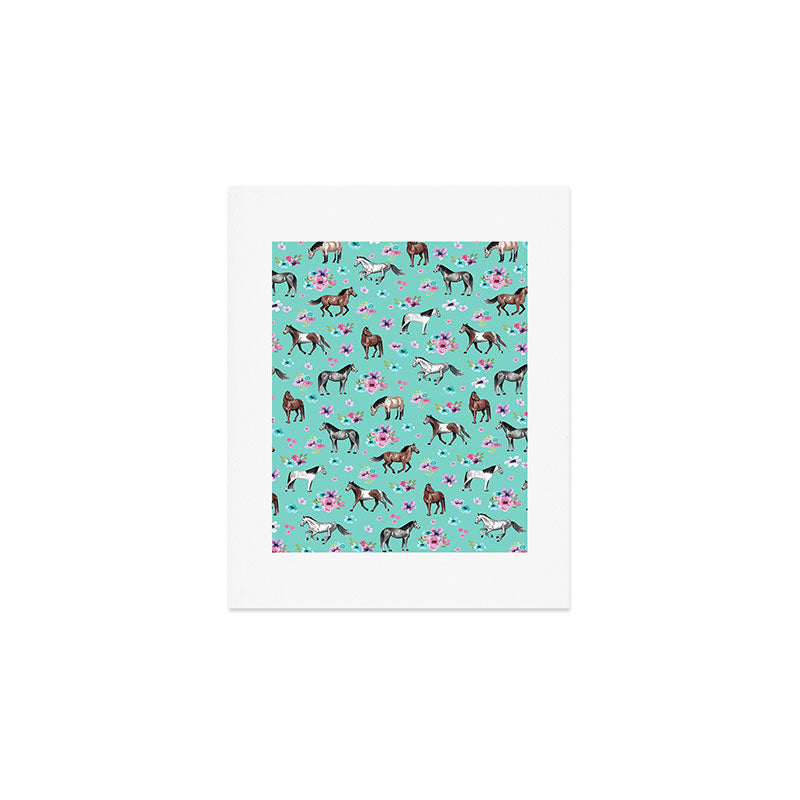 Hand drawn horses, Flower horses, Floral Pattern, Aqua Blue Art Print Gallery Image 1