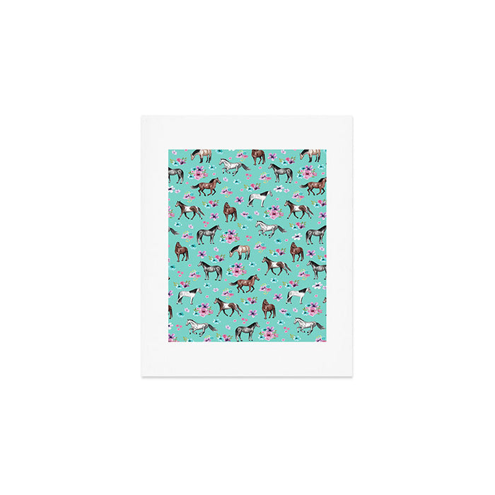 Hand drawn horses, Flower horses, Floral Pattern, Aqua Blue Art Print Gallery Image 1