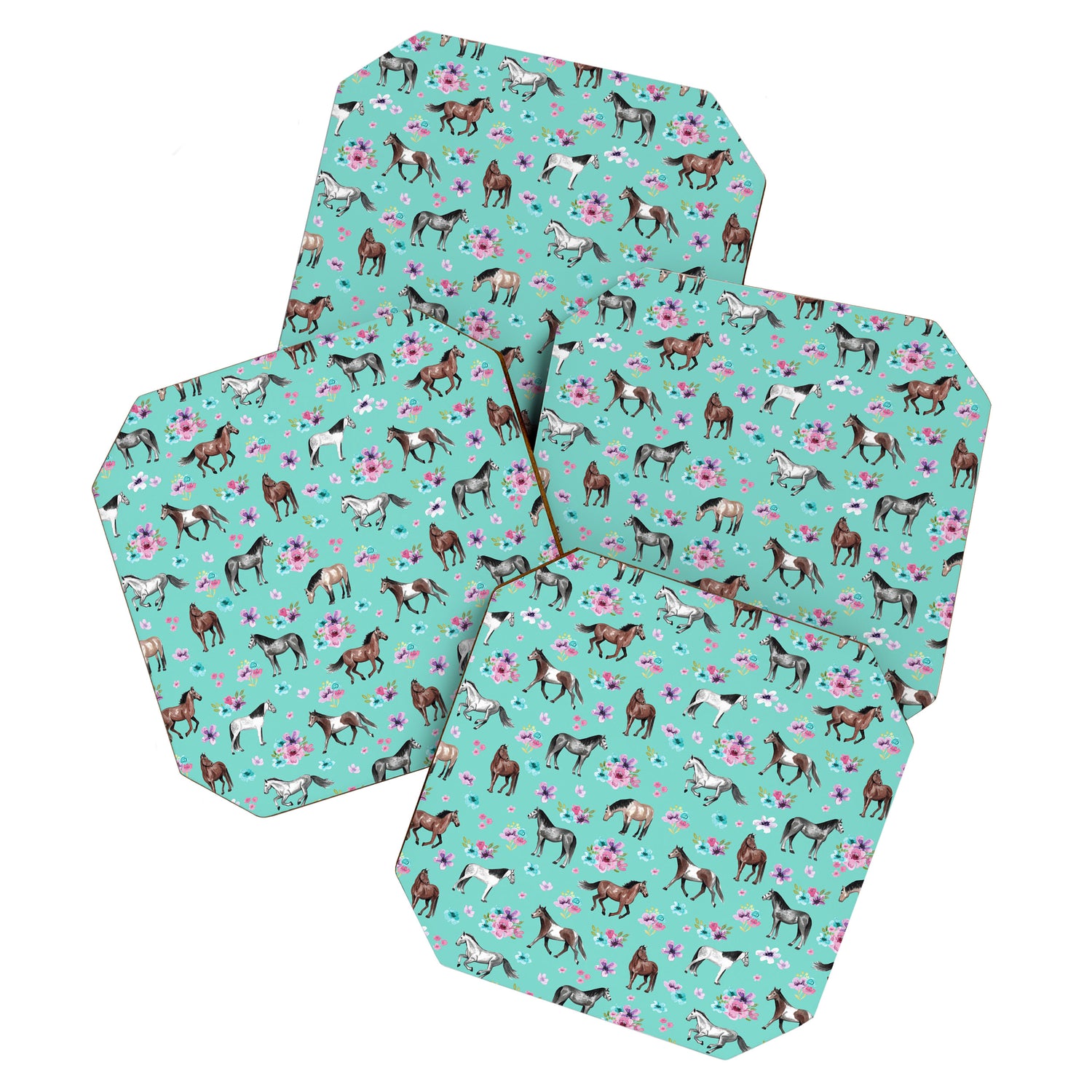 Hand drawn horses, Flower horses, Floral Pattern, Aqua Blue Coaster Gallery Image 1