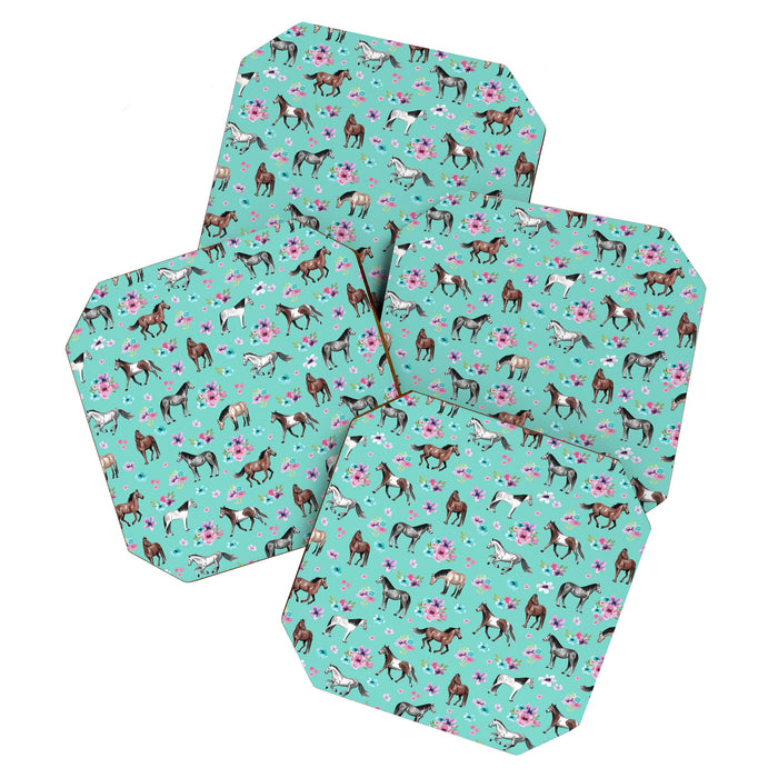 Hand drawn horses, Flower horses, Floral Pattern, Aqua Blue Coaster Gallery Image 1