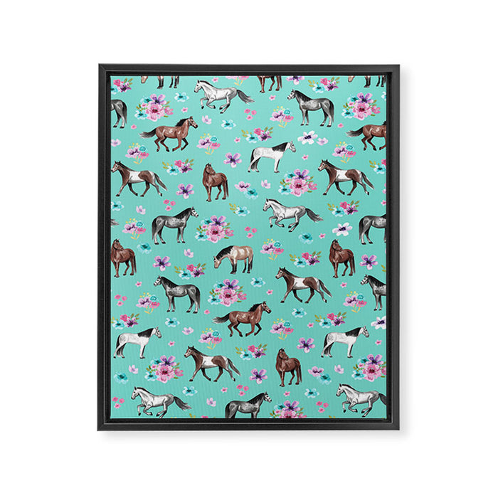 Hand drawn horses, Flower horses, Floral Pattern, Aqua Blue Framed Canvas Print Gallery Image 1
