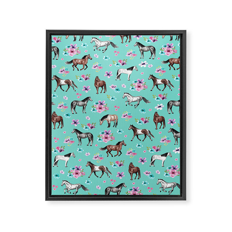 Hand drawn horses, Flower horses, Floral Pattern, Aqua Blue Framed Canvas Print Gallery Image 8