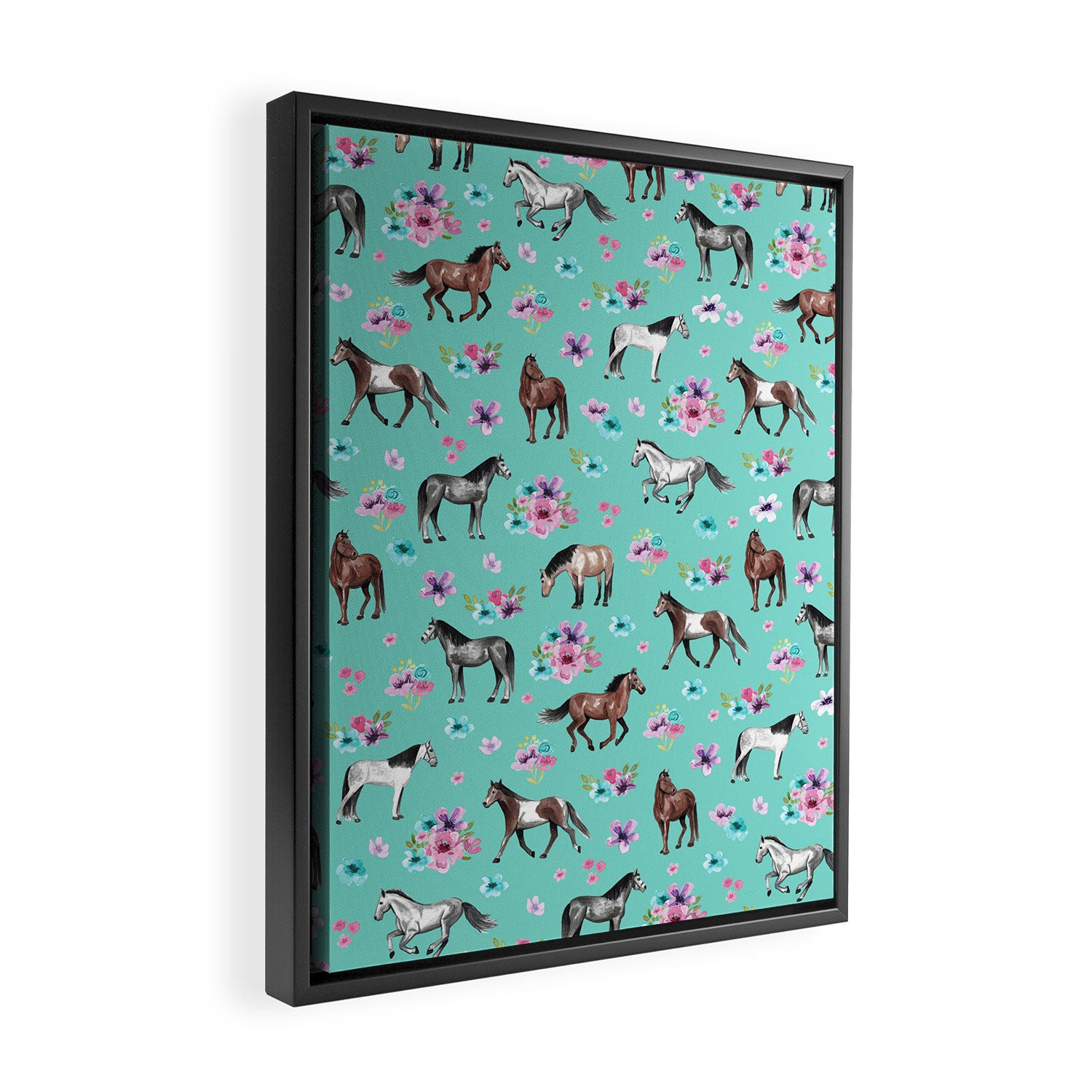 Hand drawn horses, Flower horses, Floral Pattern, Aqua Blue Framed Canvas Print Gallery Image 2