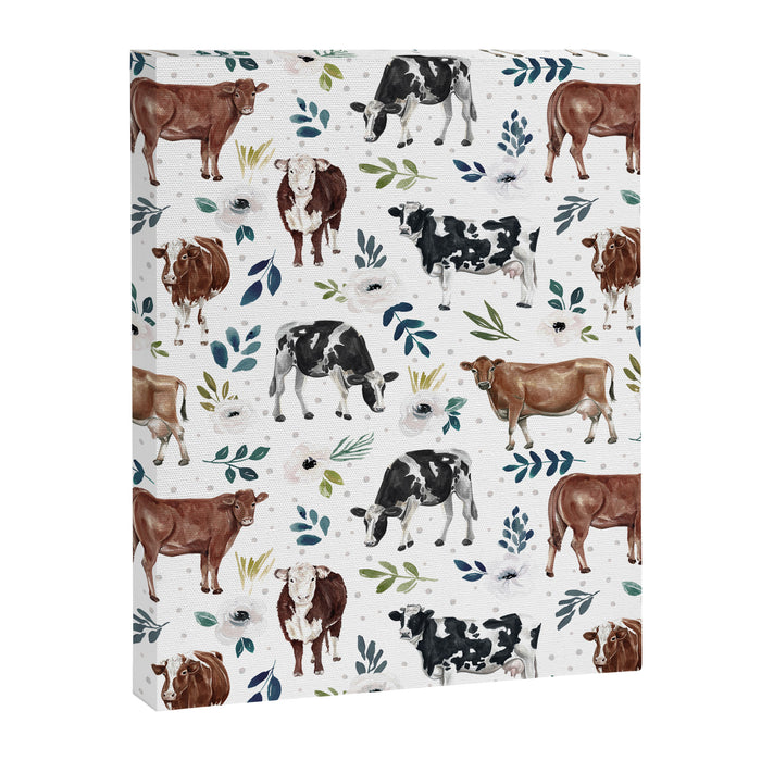 Hand-painted Cows and White Flowers with Blue Accents Canvas Print Gallery Image 1