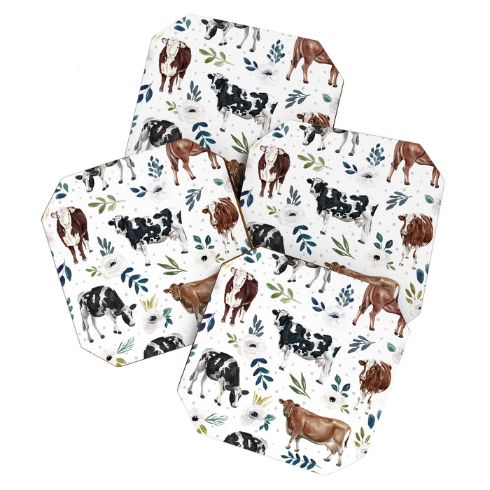 Hand-painted Cows and White Flowers with Blue Accents Coaster Gallery Image 1