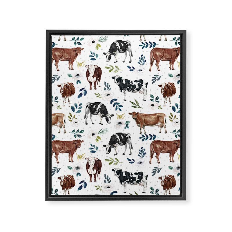 Hand-painted Cows and White Flowers with Blue Accents Framed Canvas Print Gallery Image 8