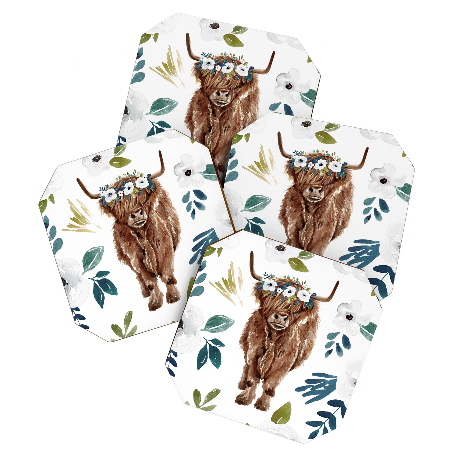 Highland Cow, Highland Cows with Flowers, Flower Crown, Floral Print, Watercolor Coaster Gallery Image 1