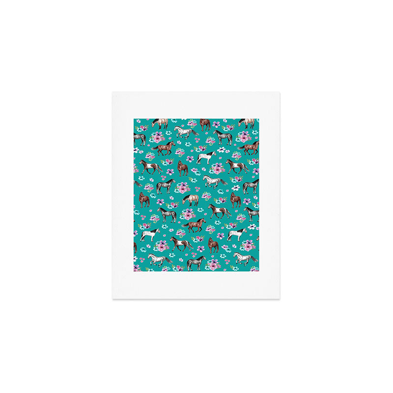 Horse Pattern, Floral Print, Turquoise, Little Girls Room, Horses Art Print Gallery Image 1