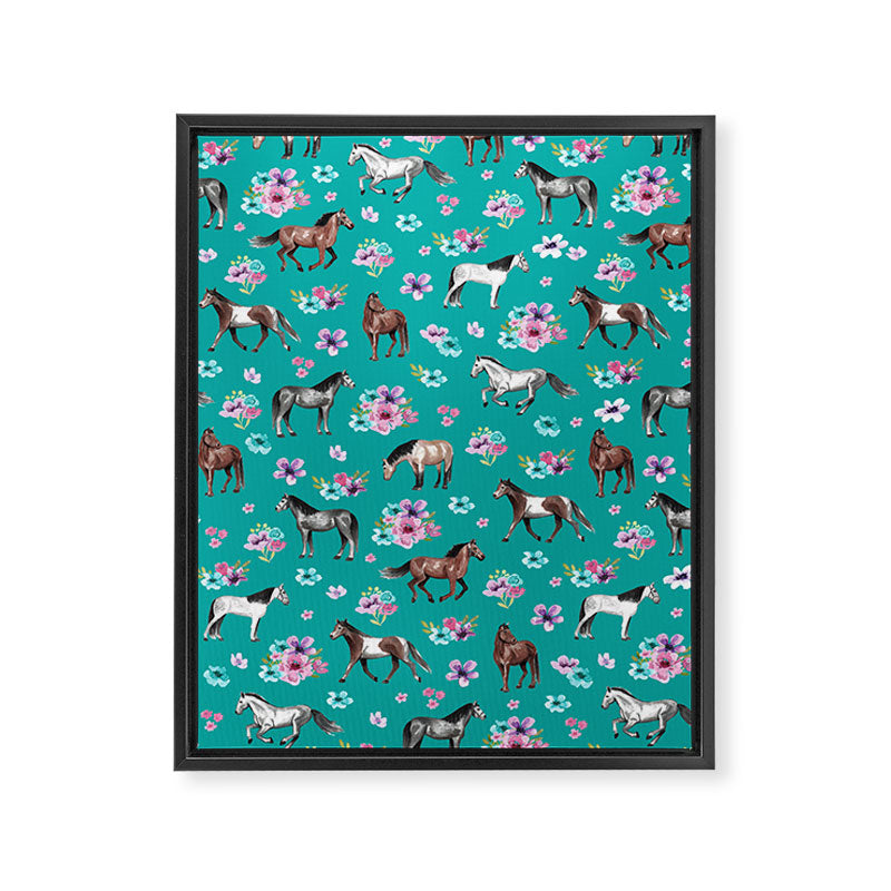 Horse Pattern, Floral Print, Turquoise, Little Girls Room, Horses Framed Canvas Print Gallery Image 8
