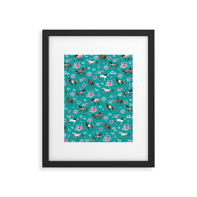 Horse Pattern, Floral Print, Turquoise, Little Girls Room, Horses Framed Art Print Gallery Image 6