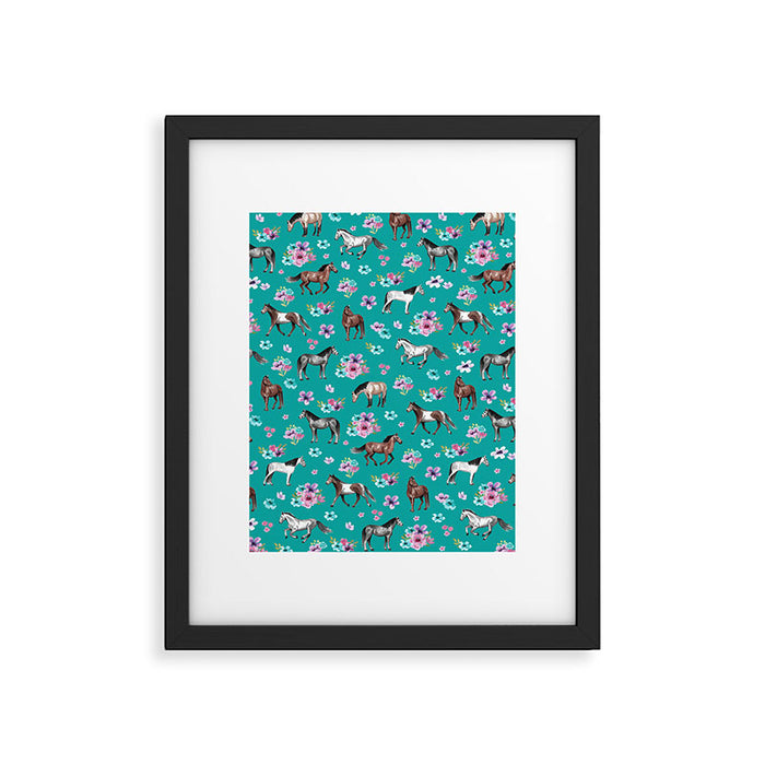 Horse Pattern, Floral Print, Turquoise, Little Girls Room, Horses Framed Art Print Gallery Image 1