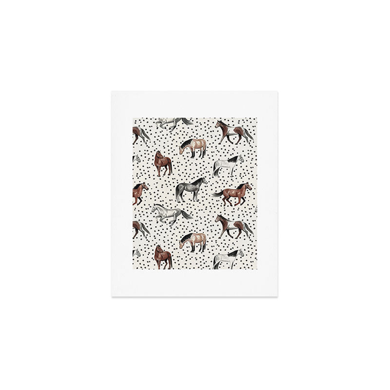 Horses and Dots, Vintage Texture, Wild horses, Hand-painted, Organic Dots, Watercolor Art Print Gallery Image 1