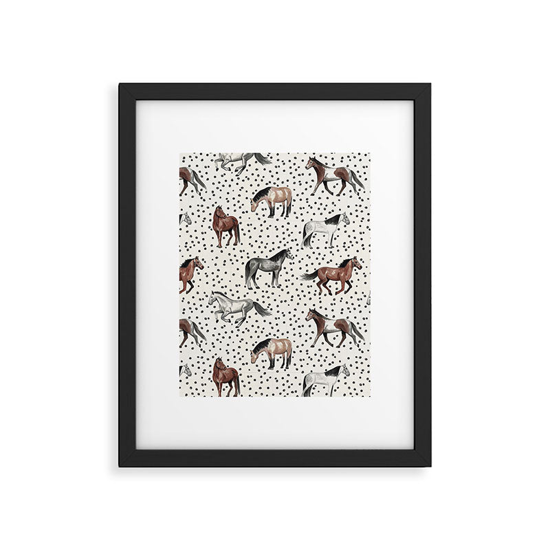 Horses and Dots, Vintage Texture, Wild horses, Hand-painted, Organic Dots, Watercolor Framed Art Print Gallery Image 6