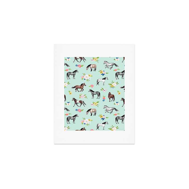 Horses and Small Flowers, Mint Blue, Horse Decor, Floral Print, Horse Art Art Print Gallery Image 1