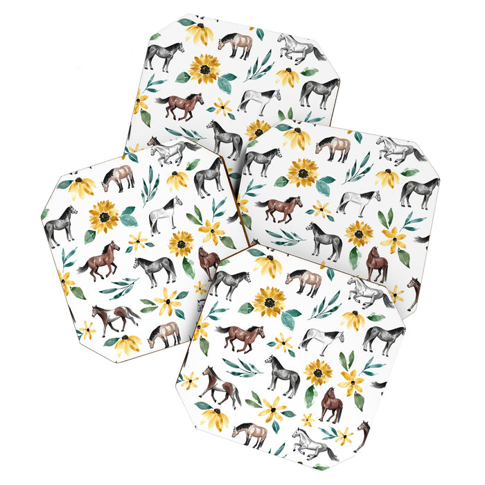Horses and Sunflowers, Horse Art, Horse Decor, Yellow Flowers, Equestrian Art Coaster Gallery Image 1
