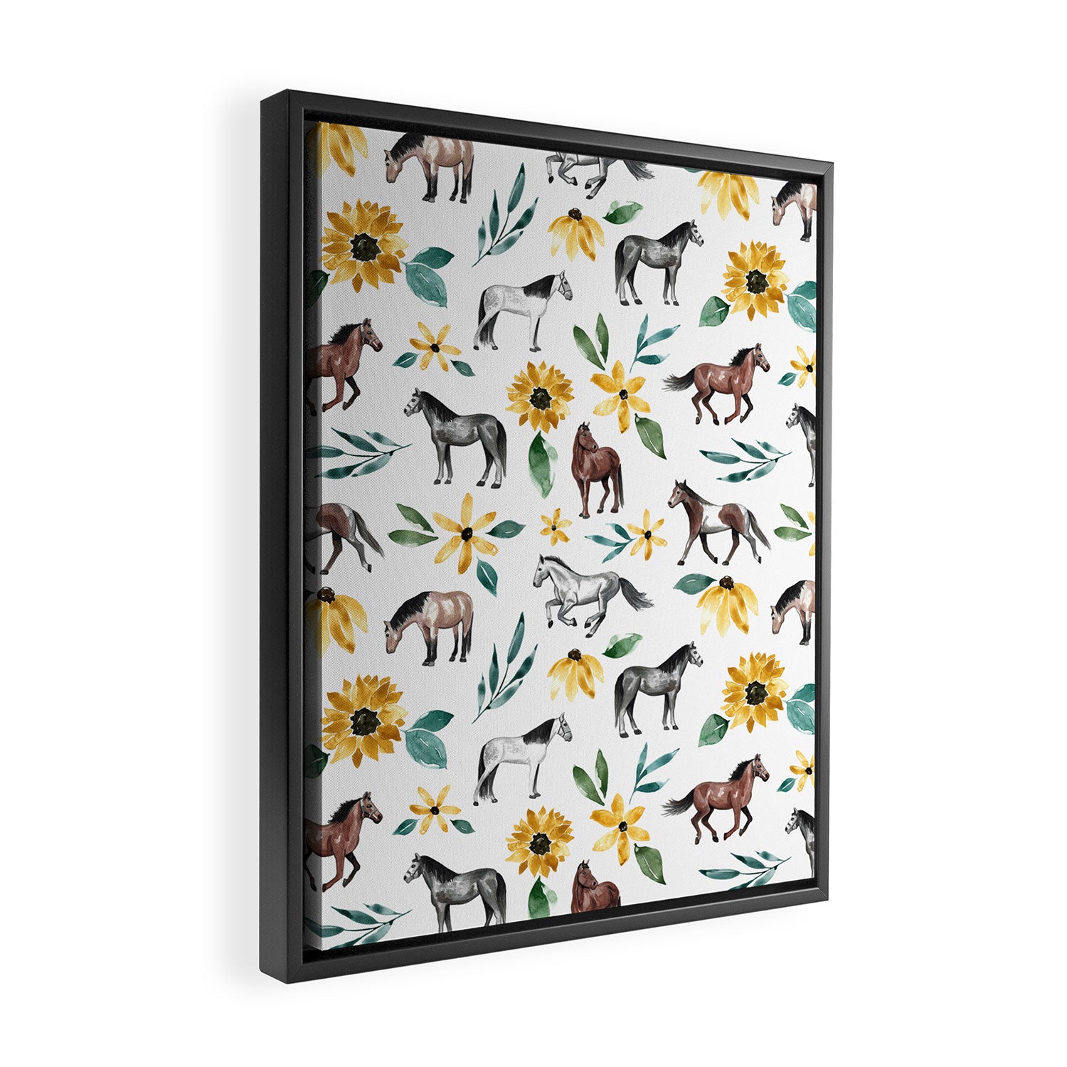 Horses and Sunflowers, Horse Art, Horse Decor, Yellow Flowers, Equestrian Art Framed Canvas Print Gallery Image 2