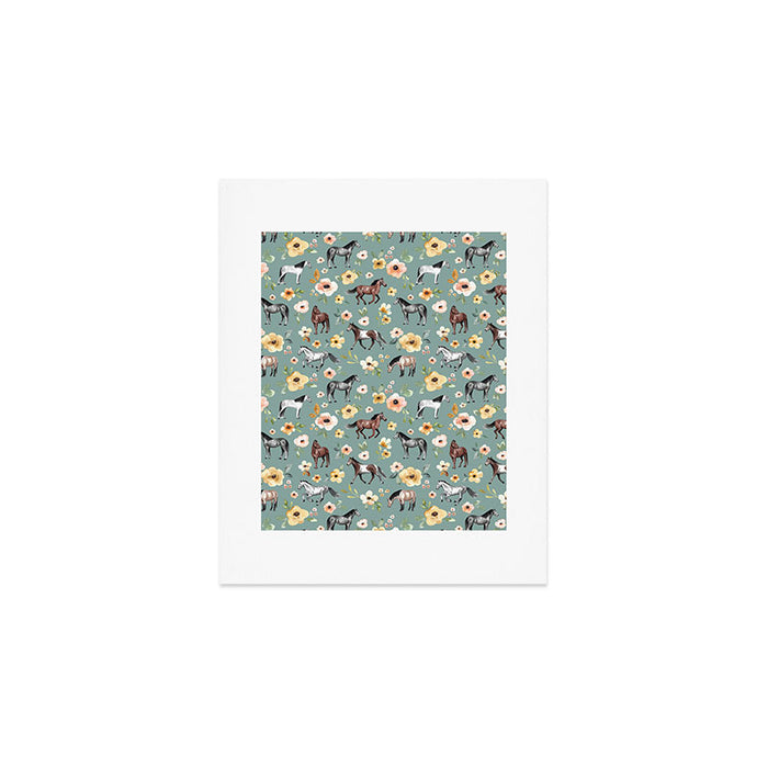 Horses and Sunrise Blue Floral, Horse Love, Wild Horses, Yellow and Pink Flowers Art Print Gallery Image 1