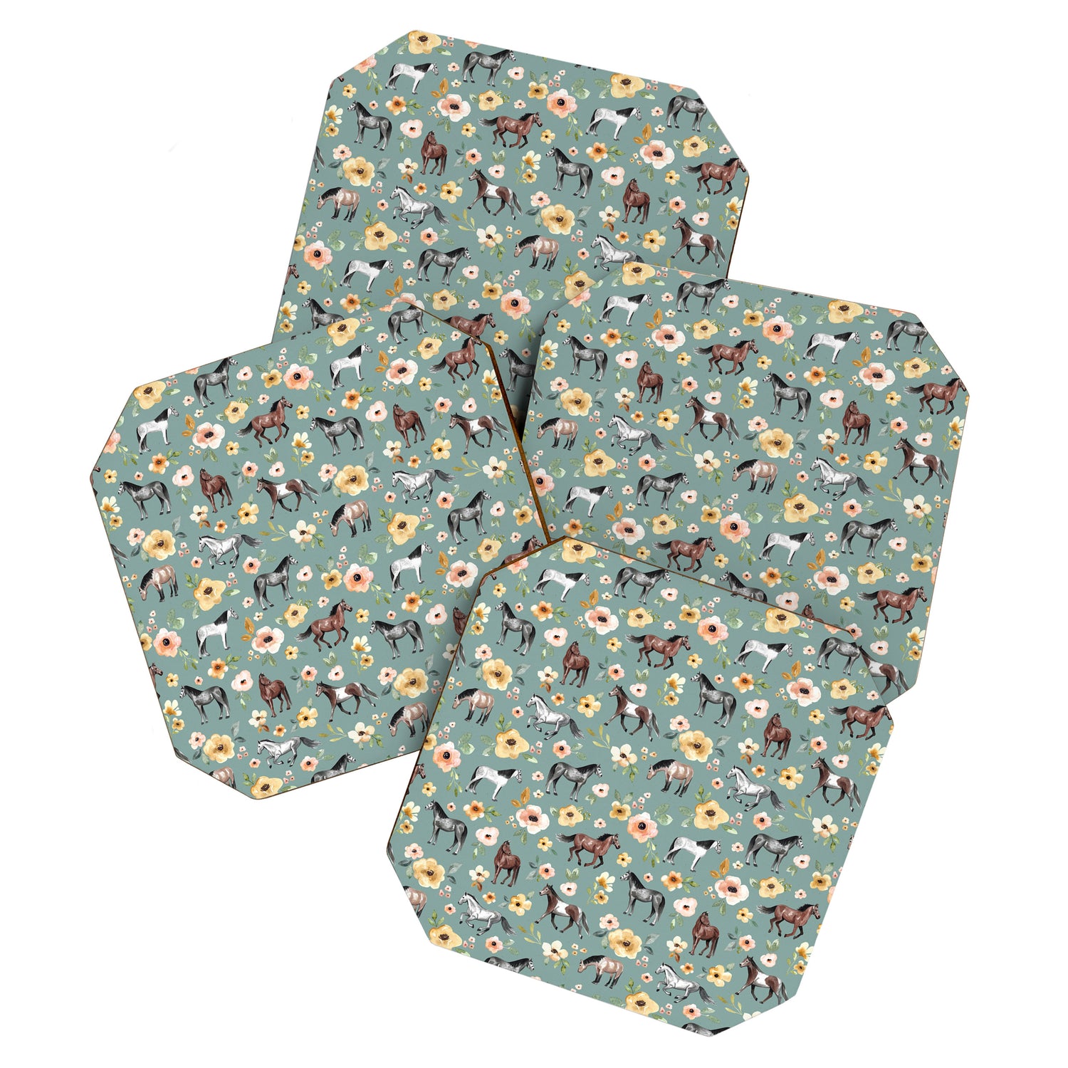Horses and Sunrise Blue Floral, Horse Love, Wild Horses, Yellow and Pink Flowers Coaster Gallery Image 1