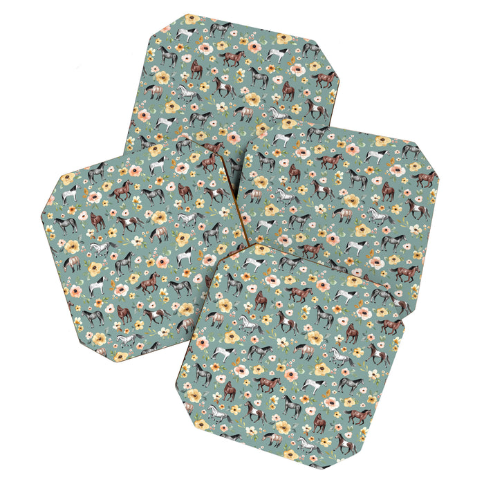 Horses and Sunrise Blue Floral, Horse Love, Wild Horses, Yellow and Pink Flowers Coaster Gallery Image 1