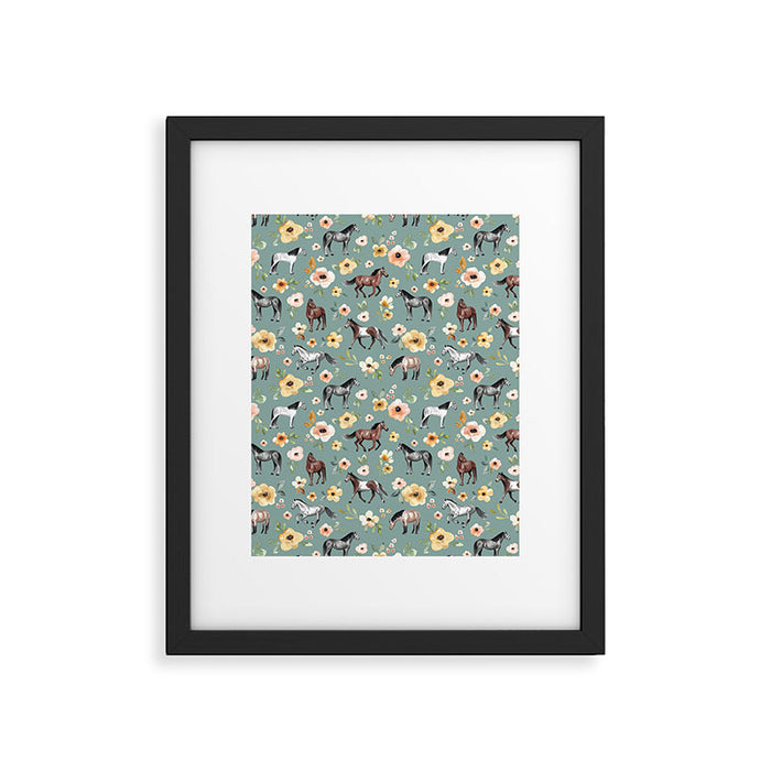 Horses and Sunrise Blue Floral, Horse Love, Wild Horses, Yellow and Pink Flowers Framed Art Print Gallery Image 1