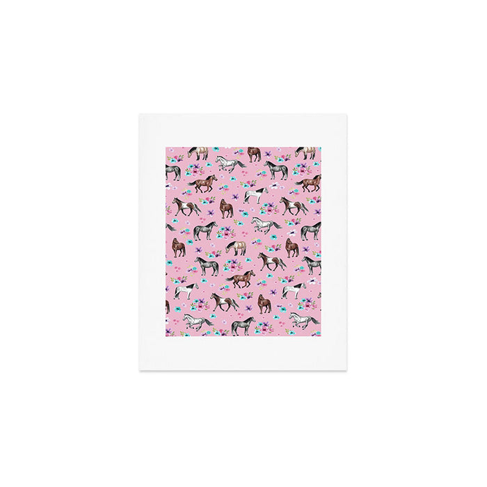 Horses & Flowers, Pink Pattern, Horse Illustration, Little Girls Room, Watercolor Art Print Gallery Image 1