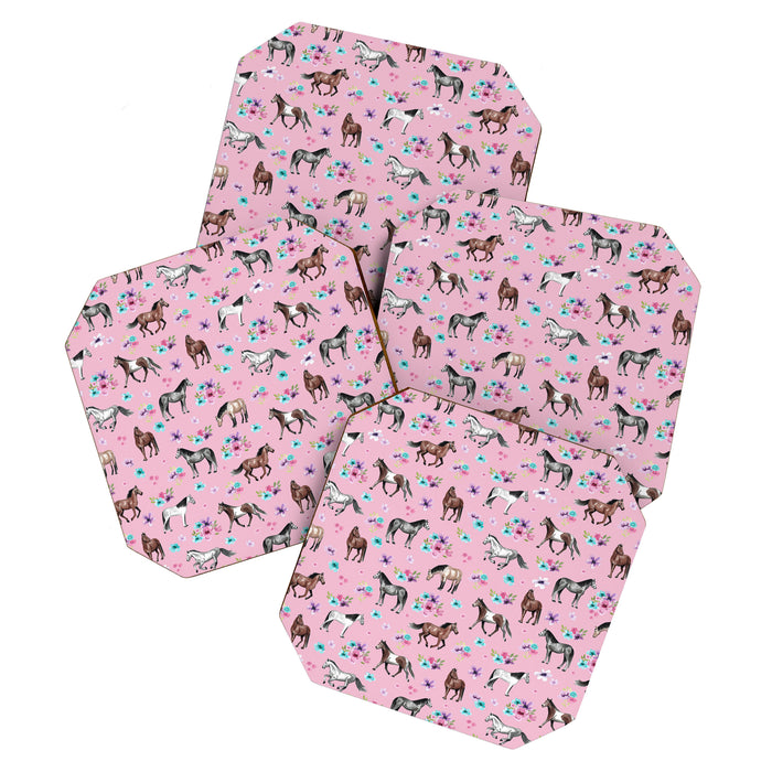 Horses & Flowers, Pink Pattern, Horse Illustration, Little Girls Room, Watercolor Coaster Gallery Image 1