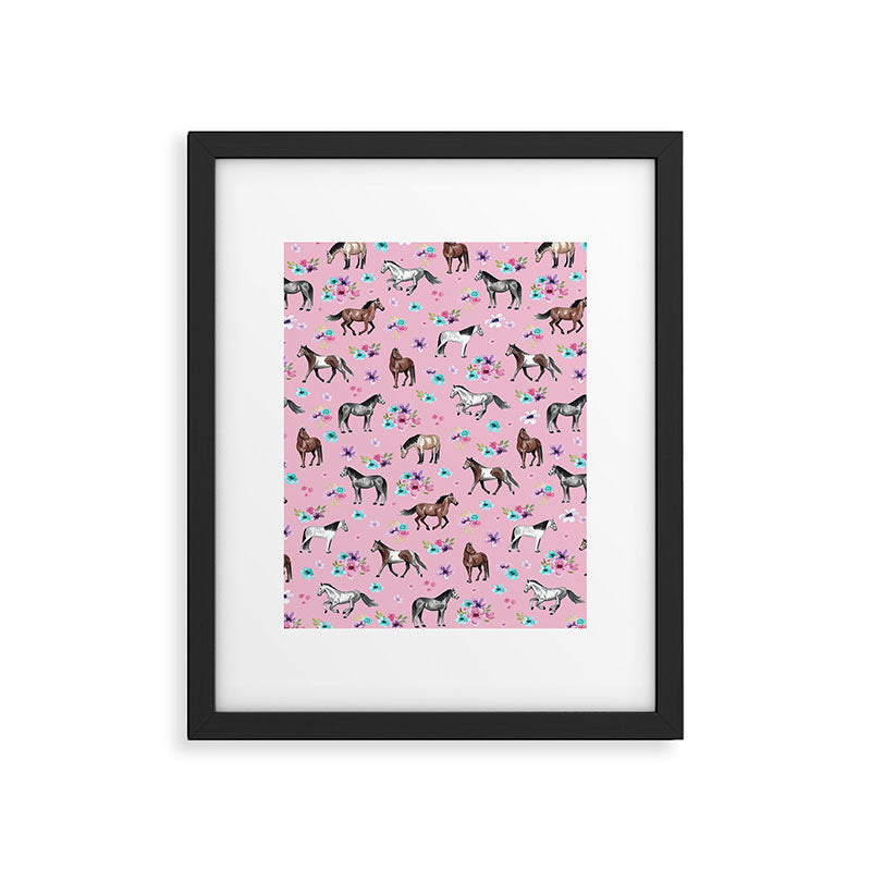 Horses & Flowers, Pink Pattern, Horse Illustration, Little Girls Room, Watercolor Framed Art Print Gallery Image 6