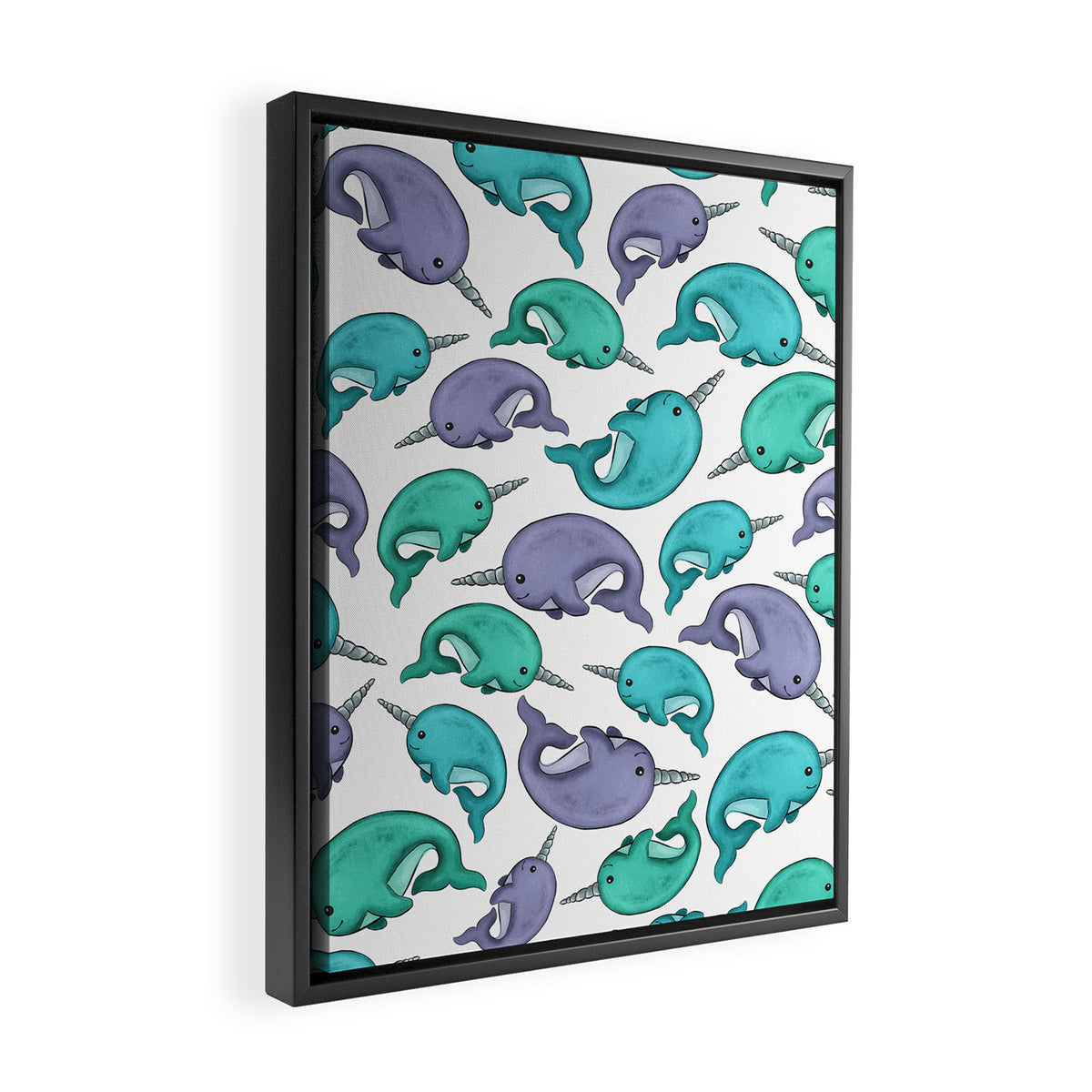 Narwhal Print, Blue, Green, Purple Narwhals Framed Canvas Print Gallery Image 2