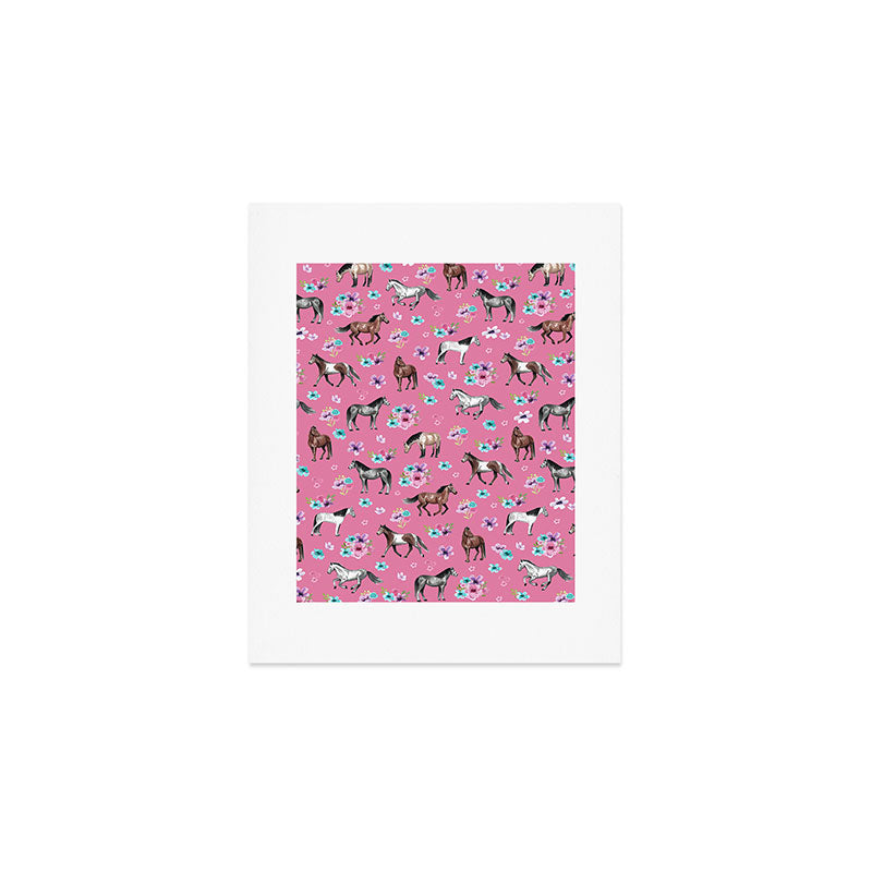 Pink Horse Print, Hand Drawn, Horses and Flowers, Girls Room, Art Print Gallery Image 1