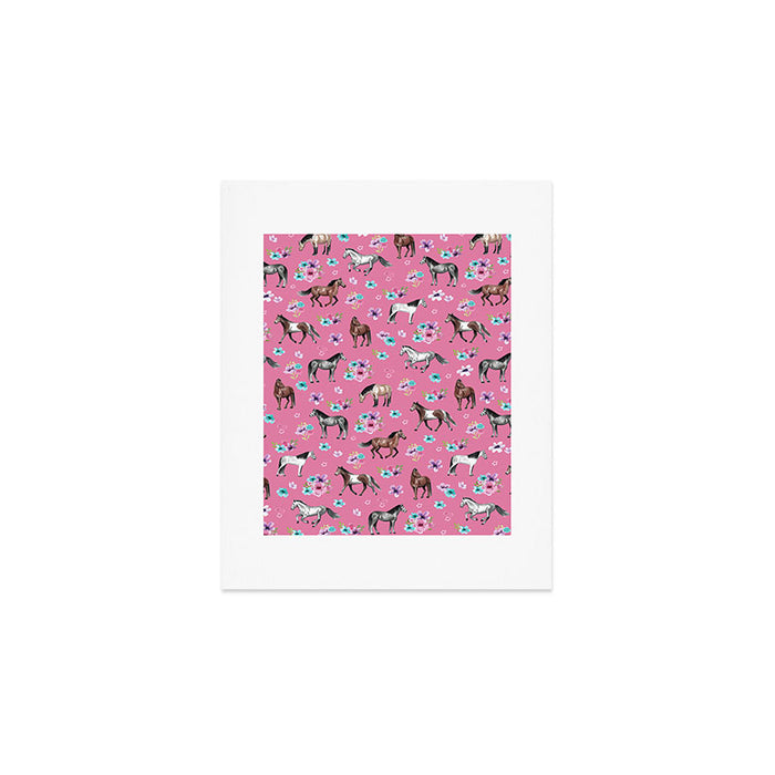 Pink Horse Print, Hand Drawn, Horses and Flowers, Girls Room, Art Print Gallery Image 1