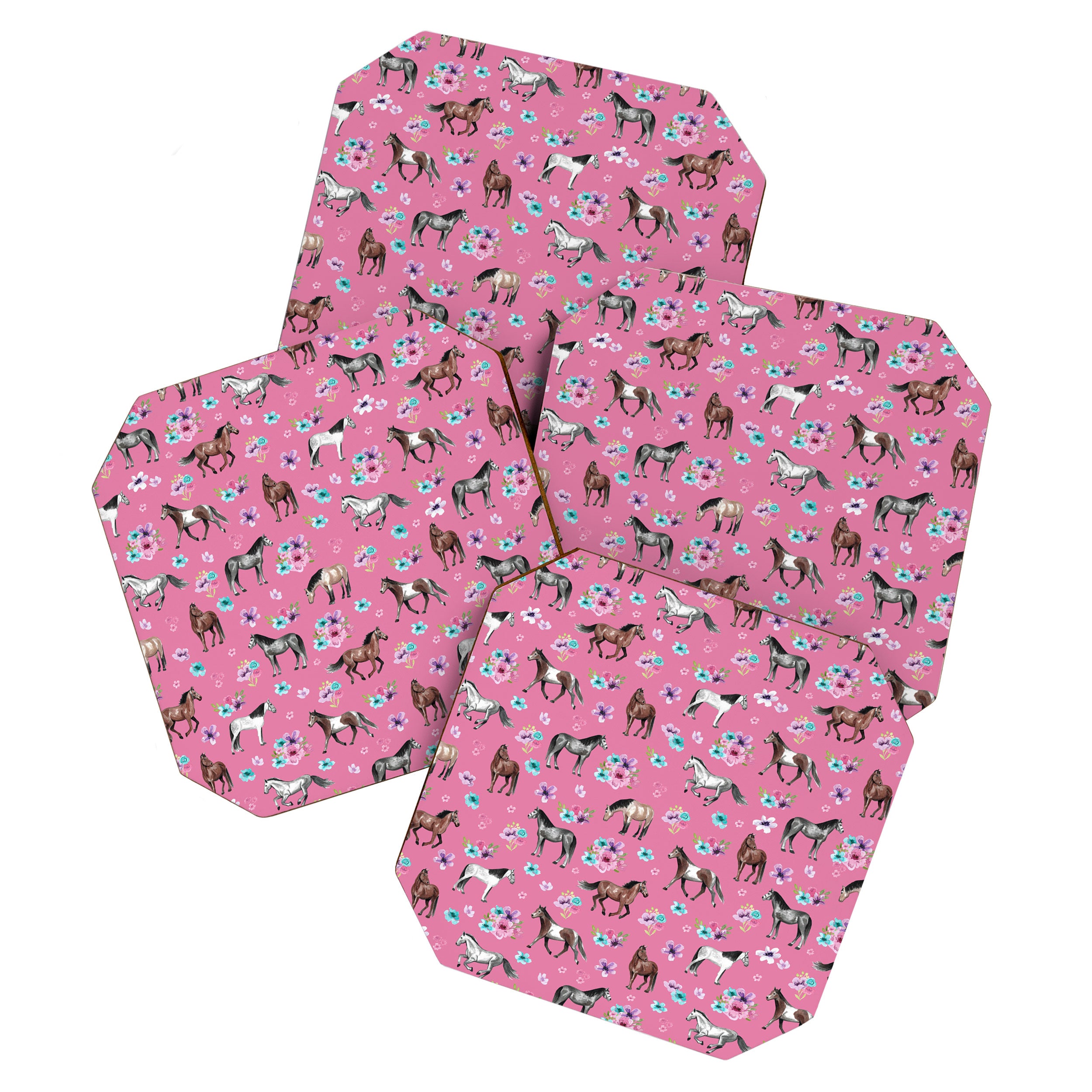 Pink Horse Print, Hand Drawn, Horses and Flowers, Girls Room, Coaster Gallery Image 1