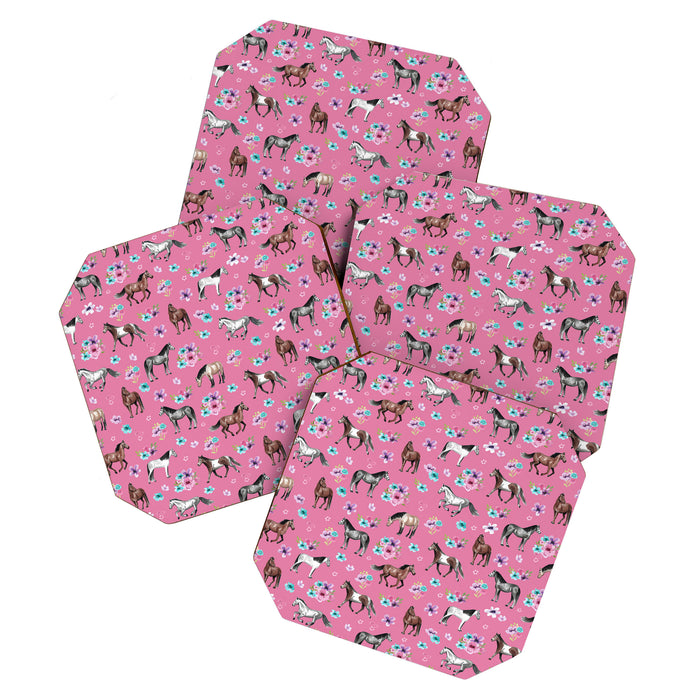 Pink Horse Print, Hand Drawn, Horses and Flowers, Girls Room, Coaster Gallery Image 1