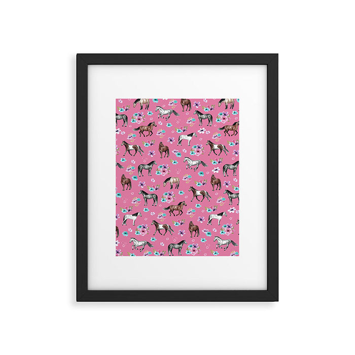Pink Horse Print, Hand Drawn, Horses and Flowers, Girls Room, Framed Art Print Gallery Image 1