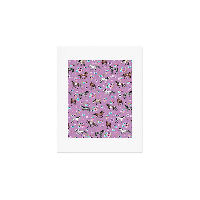 Purple Horse and Flower Print, Hand Drawn, Horse Illustration, Little Girls Decor Art Print Gallery Image 1