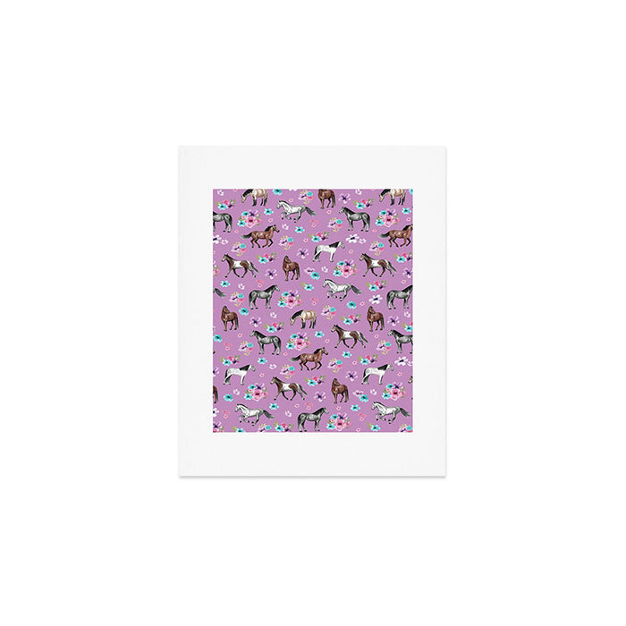 Purple Horse and Flower Print, Hand Drawn, Horse Illustration, Little Girls Decor Art Print Gallery Image 1