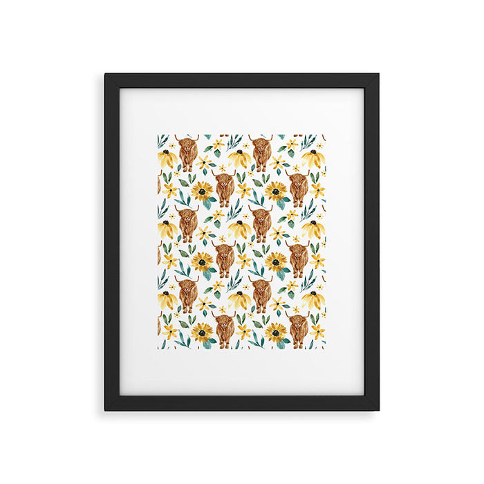 Sunflower Floral Highland Cow Framed Art Print Gallery Image 1